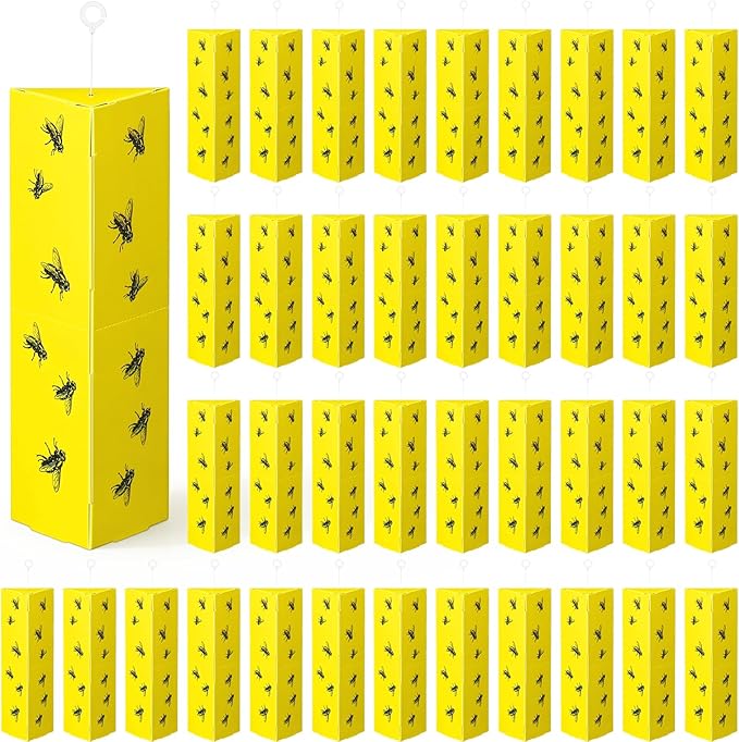 50 Pack Sticky Fly Traps, Yellow Gnat Killer with 3D Foldable Design, Non-Toxic Odorless Bug Catcher with Hook for Indoor Outdoor Flies, Mosquitoes, Moths, Whiteflies, 9.84 x 3.54 x 2.56 Inch