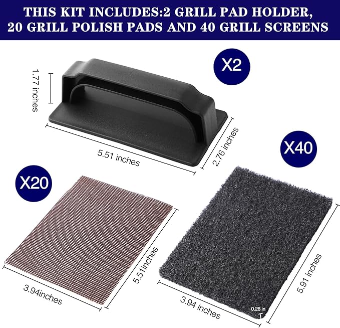 Reallnaive 62 Pcs Griddle Cleaning Kit Screen Holder Grill Screens Cleaning Pads Heavy Duty Abrasive Mesh Pads for Flat Tops, Cast Iron, Stainless Steel Griddle Cleaner Accessories Bundle (Black)