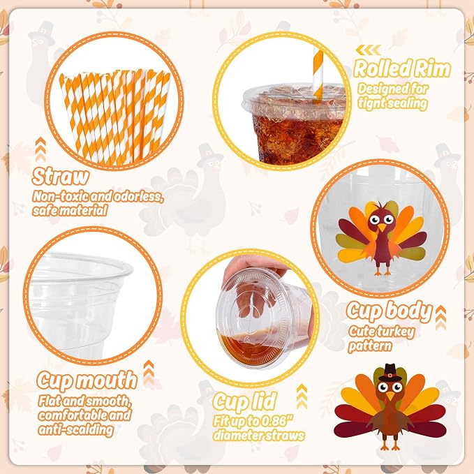 Whaline 50 Pcs 12 Oz Fall Plastic Cups with Lids and Straws Cute Turkey Cold Beverage Drinking Cups for Autumn Thanksgiving Party Supplies