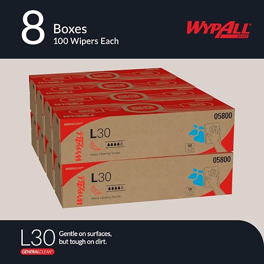 WypAll GeneralClean L30 Cloths Heavy Duty Cleaning Wipes (05800), Pop-Up Box, Strong and Soft Bulk Paper Wipers, White (8 Packs of 100 Sheets, 800 Sheet Total)
