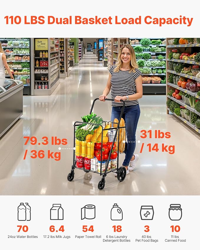 VEVOR Folding Shopping Cart, Jumbo Grocery Cart with Double Baskets, 360° Swivel Wheels, Heavy Duty Utility Cart, 110 LBS Large Capacity Utility Cart for Laundry, Shopping, Grocery, Luggage, Black