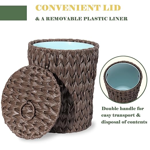 Plastic Wicker Trash Can with Lid - 2.6 Gallon Small Garbage Can with Removable Liner Bucket for Bedroom, Bathroom, Living Room - Boho Hand Woven Waste Basket for Home, Office, Brown
