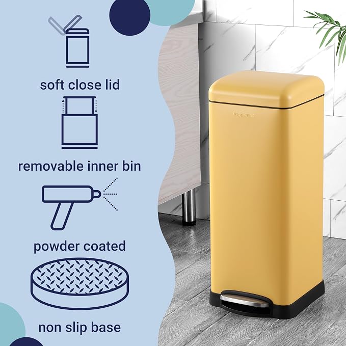 happimess HPM1007K Betty Retro 8-Gallon Step-Open Trash Can, Daffodil Yellow with Soft-Close Lid, Fingerprint Resistant, Modern, Minimalistic for Home, Kitchen, Laundry Room, Office, Bedroom, Bathroom