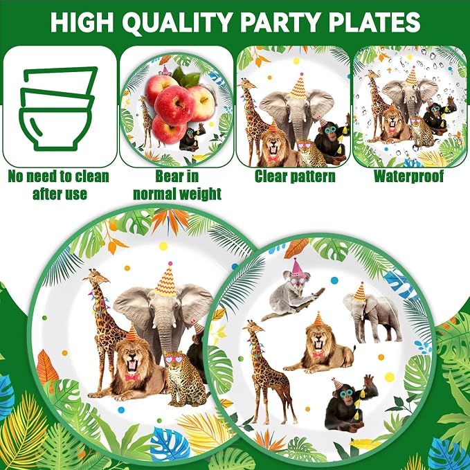 96Pcs Jungle Birthday Party Plates and Napkins Safari Animals Themed Party Decorations Jungle Theme Party Disposable Tableware Set for 24 Guests Wild Animals Gold Safari Zoo Birthday Favors Supplies