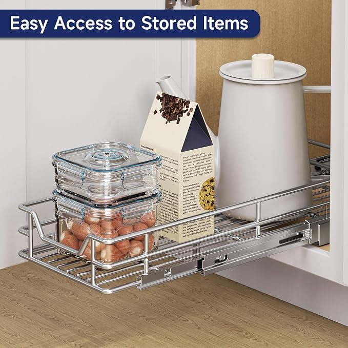 Pull Out Cabinet Organizer, 5.5" W x 21.5" D, Heavy Duty Chrome Slide Out Shelf for Narrow Base Cabinets, Sliding Wire Basket Drawer for Spices, Bottles, Snacks & Cleaning Supplies