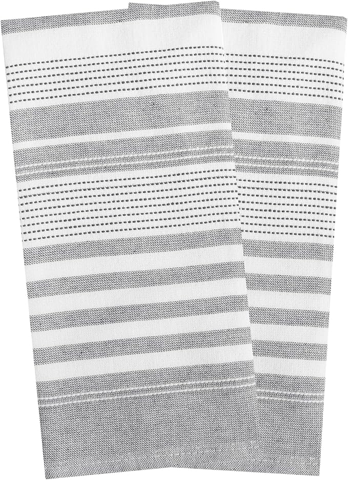 T-Fal Premium Dual-Sided Skipping Striped Kitchen Towels (2-Pack), 18" x 28", Highly Absorbent, Long-Lasting, Reversable 100% Flat-Weave Cotton Dish Towels, Hand Towels, Bar Towels, Graphite