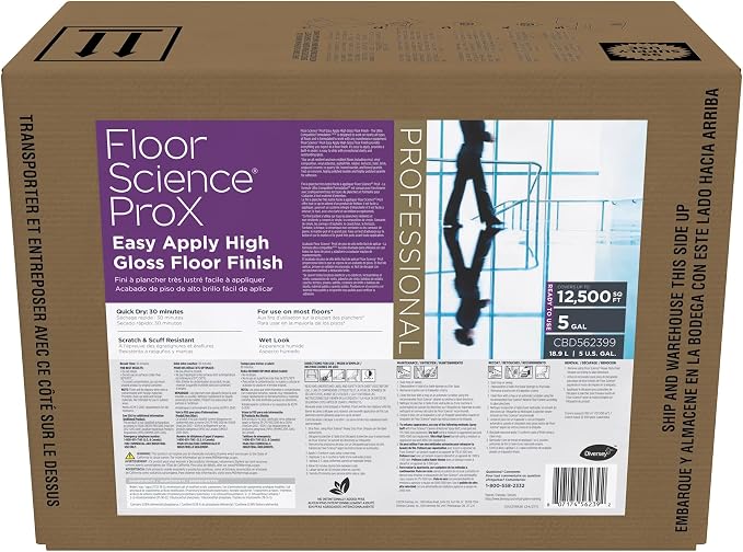 Diversey Floor Science ProX Easy Apply High Gloss Floor Finish, 5 gal | Built-in Sealer, No Buff Shine, Scuff Resistance, Black Heel Mark Removal, 20% solids