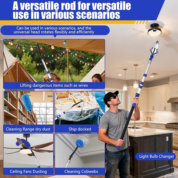 26FT Light Bulb Changer for High Ceilings with 5-20FT Heavy Duty Extension Pole,High Ceiling Fan Duster Extendable Reusable Cobweb,Feather,Window Cleaning Squeegee Kit for Home & House,Interior Roof