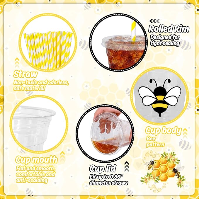 Whaline 50Pcs Bee Disposable Plastic Cups With Lids and Straws 12 Oz Cute Bee Cold Beverage Drinking Cups for Baby Shower Birthday Party Supplies