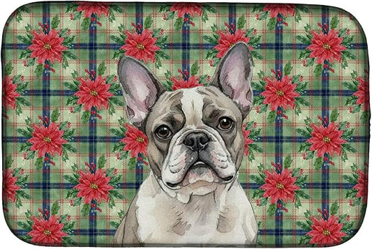 Caroline's Treasures Pied French Bulldog Christmas PoinsettIas Dish Drying Mat Absorbent Dish Drying Mat Pad for Kitchen Counter Dish Drainer Mat for Countertop, 14 x 21", Multicolor