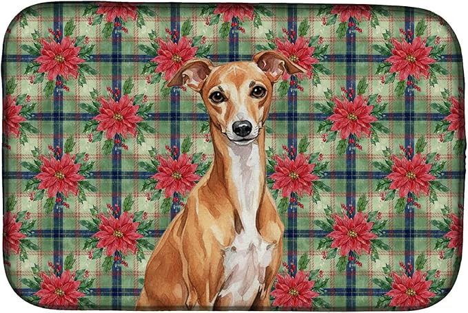 Caroline's Treasures Red Italian Greyhound Christmas PoinsettIas Dish Drying Mat Absorbent Dish Drying Mat Pad for Kitchen Counter Dish Drainer Mat for Countertop, 14 x 21", Multicolor