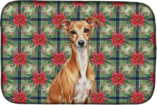 Caroline's Treasures Red Italian Greyhound Christmas PoinsettIas Dish Drying Mat Absorbent Dish Drying Mat Pad for Kitchen Counter Dish Drainer Mat for Countertop, 14 x 21", Multicolor