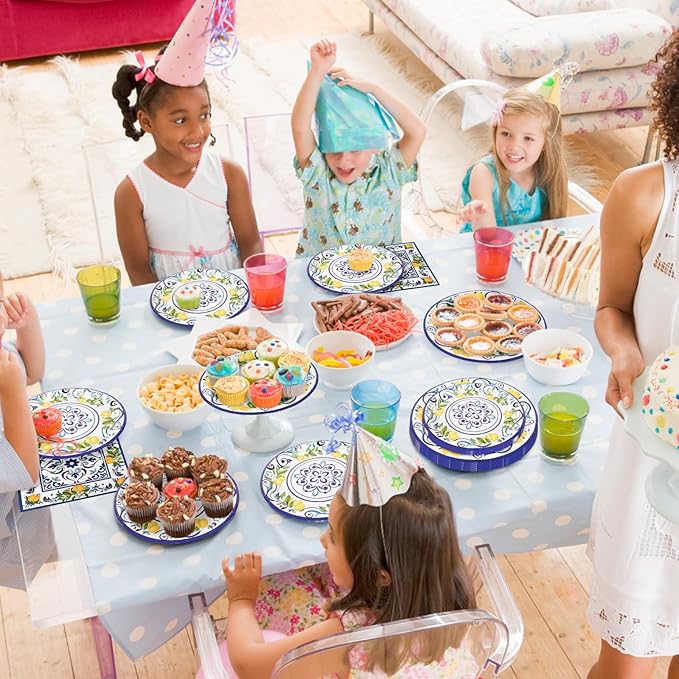 108 Pcs Lemon Party Plates and Napkins Blue Tiles Mediterranean Party Decor Disposable Tableware Sets Baby Shower Birthday Decorations Supplies Favors for 36 Guests