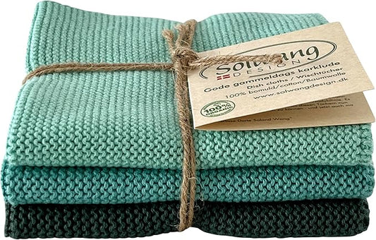 Solwang 3-Piece Danish Cotton Dishcloths in 100% Certified Organic Cotton Made in India (Petrol Organic Combi)