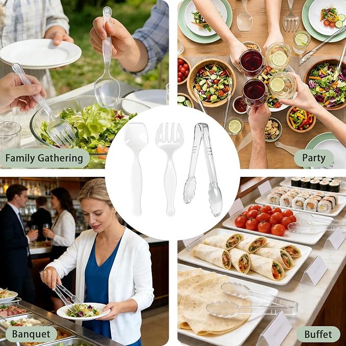 24 Pcs Large Plastic Serving Utensils Set - Serving Tongs, Serving Forks, Serving Spoons - Heavy Duty Disposable Serving Utensils for Parties, Buffet, Catering Supplies (Clear, 24 Pcs)