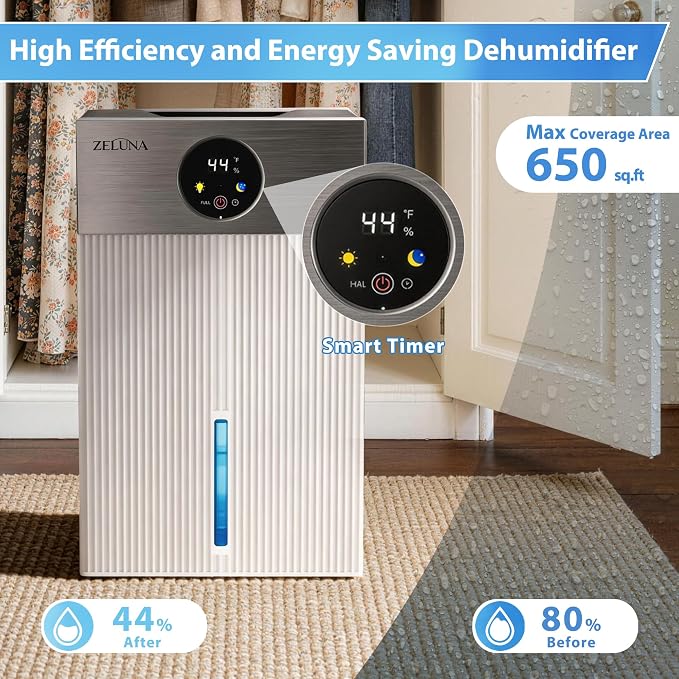 Small Dehumidifier with Drain Hose for Home | 66 OZ Water Tank, Quiet Sleep Mode, 3/6/9/12H Timer, Auto Shut-Off, Portable Mini Dehumidifiers For Bedroom Up to 650sq ft