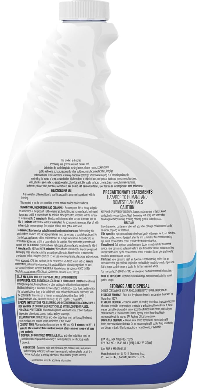 VIREX Diversey CBD540540 All Purpose Disinfectant Cleaner, Multi Surface Cleaning for Home and Commercial Use, Spray Bottle, Ready to Use Formula, Lemon Scent, 32 Ounce