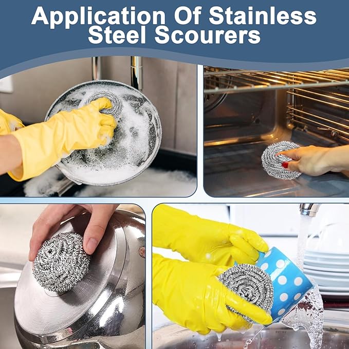 100 Pieces Stainless Steel Scrubber Bulk, 18G Heavy Duty Metal Scouring Pad for Kitchen, Bathroom, Oven, Grill, Pot, Pan Cleaning - Rust Resistant & Reusable
