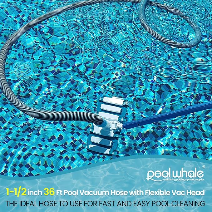 POOLWHALE Professional 1-1/2-Inch x 36-Feet Swimming Pool Vacuum Hoses and Weighted Rotatable Handle Vacuum Head with Wheels, Perfect for Above Ground and Inground Pools