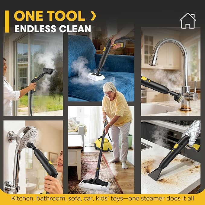 Heavy Duty Steam Cleaner, 1500W High-Temperature Mop with 26 Accessories, 1.4L Portable Tank, Chemical-Free Cleaning for Floors, Tiles, Cars & More, Child Lock for Safety, Easy Operation（Yellow)