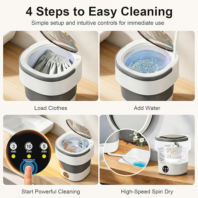 Portable Washing Machine - 22L Mini Foldable Washer with Spin Basket, 3 Cleaning Modes & Deep Cleaning for Small Clothes, Collapsible Laundry for Apartment, Home, Hotel and Travel (Gray)