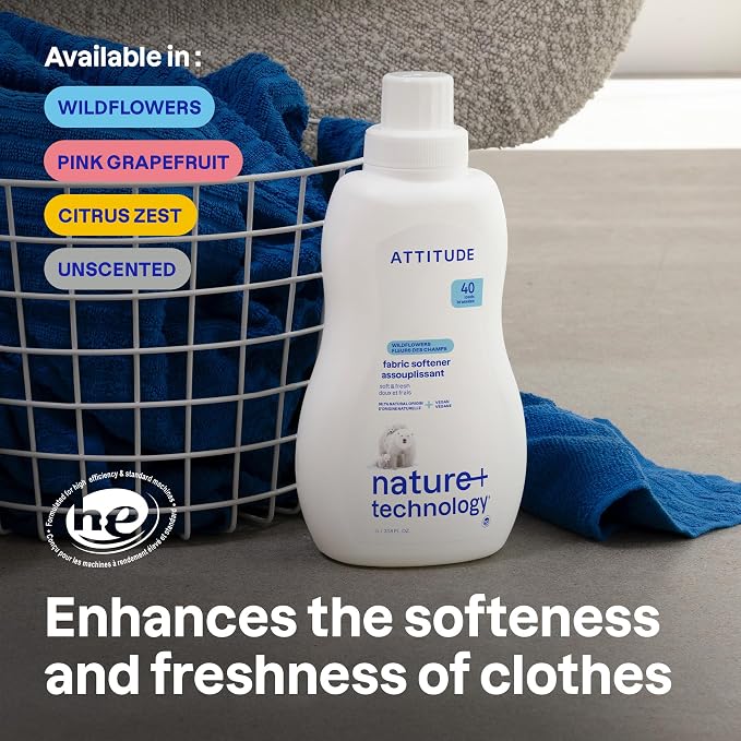 Bundle of ATTITUDE Liquid Laundry Detergent, EWG Verified Laundry Soap, HE Compatible, Vegan Products, Cruelty-Free, 40 Loads, 67.6 Fl Oz + Laundry Fabric Softener, Unscented, 40 Loads, 33.8 Fl Oz