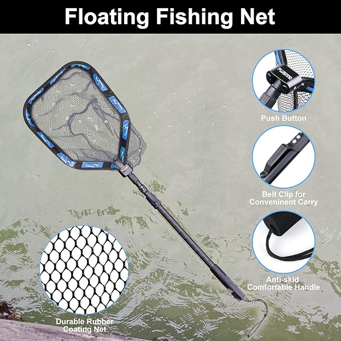 PLUSINNO Floating Fishing Net for Steelhead, Salmon, Fly, Kayak, Catfish, Bass, Trout Fishing, Rubber Coated Foldable Landing Net with Fixed or Telescoping Pole Handle, Fishing Gear and Gifts for Men
