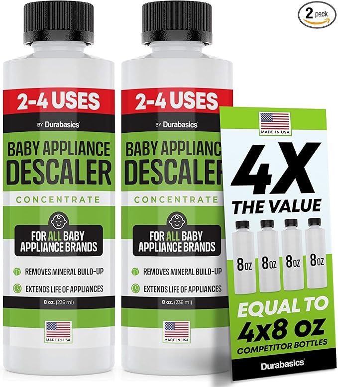 Durabasics [2 Pack] Baby Bottle Sterilizer Descaler – Compatible with Baby Brezza Sterilizers – Citric Acid Formula, Odorless, Helps Remove Mineral Buildup – Made in USA – 16oz
