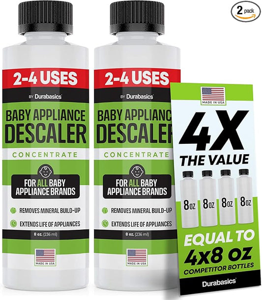 Durabasics [2 Pack] Baby Bottle Sterilizer Descaler – Compatible with Baby Brezza Sterilizers – Citric Acid Formula, Odorless, Helps Remove Mineral Buildup – Made in USA – 16oz