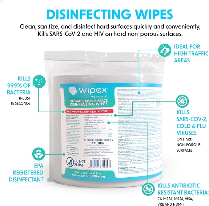 Wipex Disinfecting Surface Wipes - EPA Registered Gym Equipment Cleaner Refills, Safely Kill Germs in 15 Seconds, 800ct Gym Sanitizing Wipes for Wall, Free Standing dispensers, Pack of 4 (3200 Wipes)