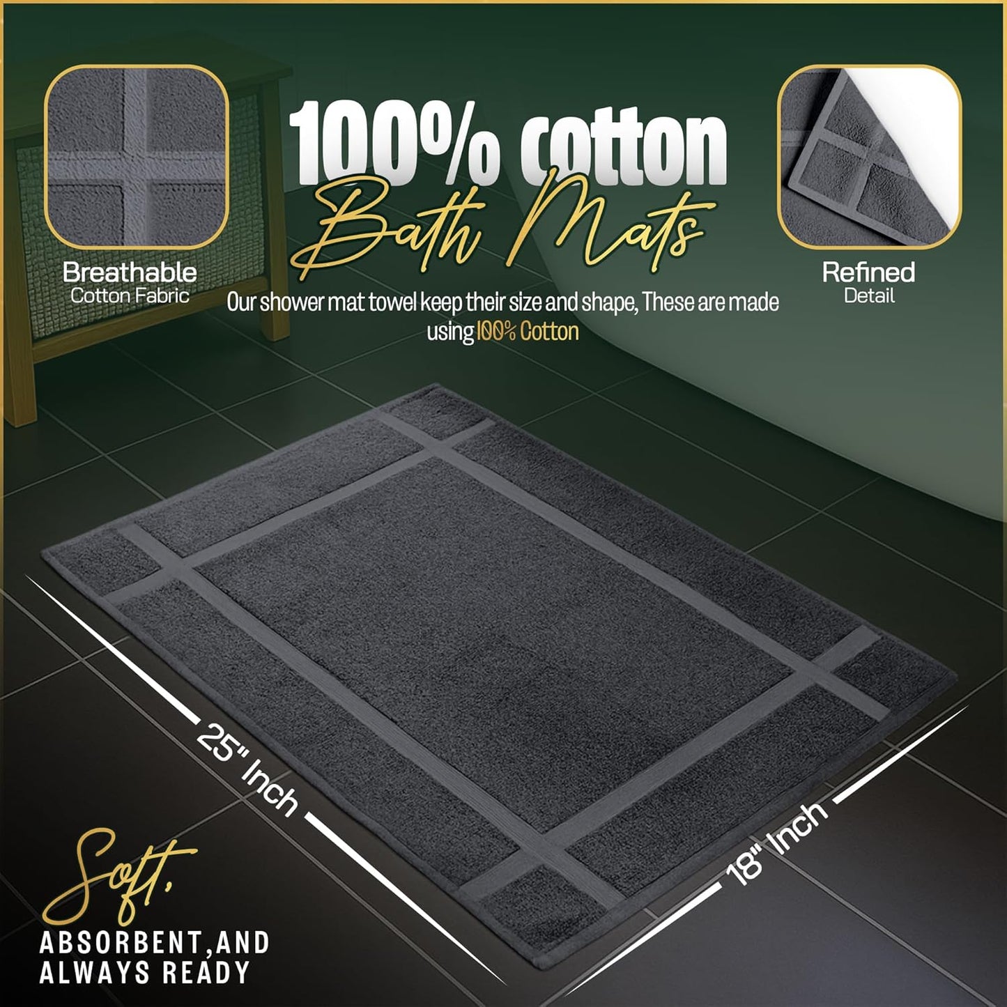 Pearl Linens Pack of 2 Washable Cotton Bath Mat 18x25 - Soft & Absorbent Quick Dry Bathroom Mat Set, Not Bathroom Rugs After Shower Mat, Terry Bath Tub Mat, 687 GSM Dark Grey