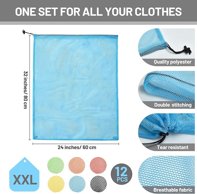 Berlune 12 Pcs 32 x 24 in Large Laundry Bag Colorful Extra Large Mesh Laundry Bag Bulk with Drawstring Heavy Duty Mesh Machine Washable Drawstring Pouch for Clothing Classification Dorms, Laundromats