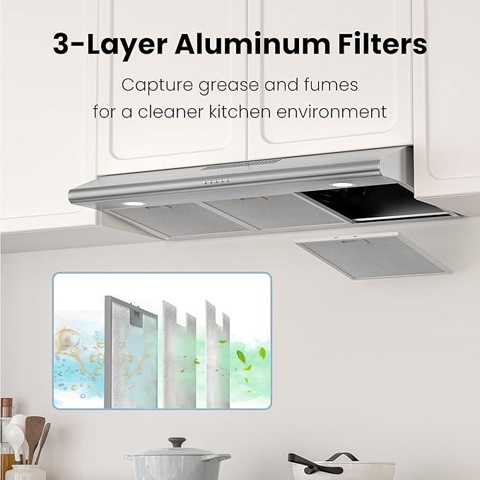 FIREGAS Under Cabinet Range Hood 36 inch with Ducted/Ductless Convertible, Slim Kitchen Vent Hood, LED Light, 3 Speed Exhaust Fan, Reusable Aluminum Filter, Push Button,Charcoal Filter