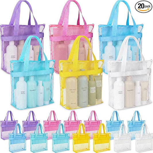 20 Pcs Mesh Shower Caddy Bags Portable Mesh Beach Bags Bulk with Zipper & 2 Pockets Hanging Toiletry and Bath Organizer for Gym Swimming Travel Camping College Dorms Beach (Macaron Color)