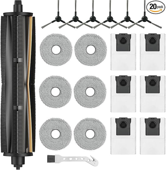 20Pcs Replacement Parts for Dreame L10s Ultra/Gen 2/L10s Pro Ultra Heat/X30 Ultra/MOVA E30 Robot Vacuum and Mop Accessories Kit, 1 Tricut Brush, 6 Mop Pads, 6 Dust Bags, 6 Side Brushes
