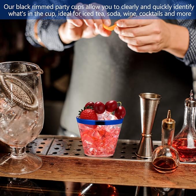 Lounsweer 100 Pcs 9oz Rimmed Plastic Cups Wedding Clear Cocktail Cups Heavy Duty Disposable Wine Glasses for Birthday Bridal Shower Baby Shower Holiday Celebrations(Blue)