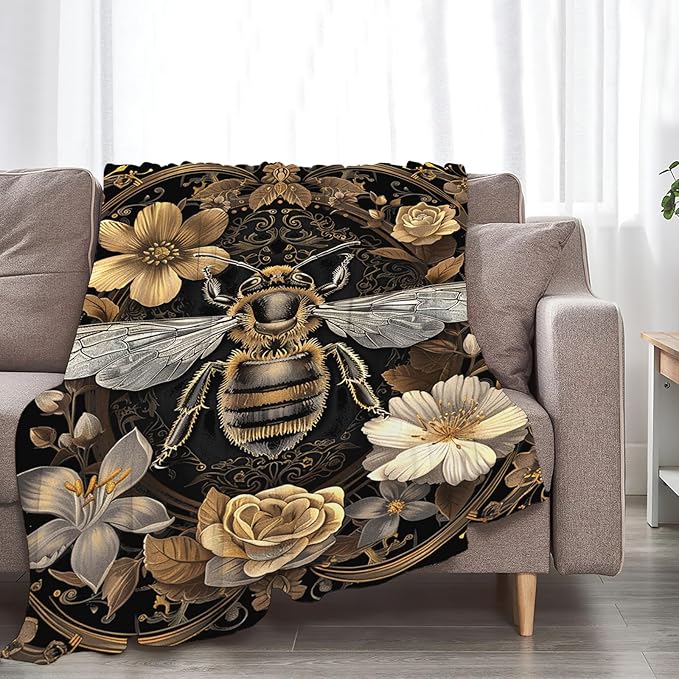 Tijuboni Bee Throw Blanket Bee Gifts for Women Men Girls Boys Kids Adults Soft Flannel Fleece Blanket for Couch Sofa Bed Home Decor 60"x80"