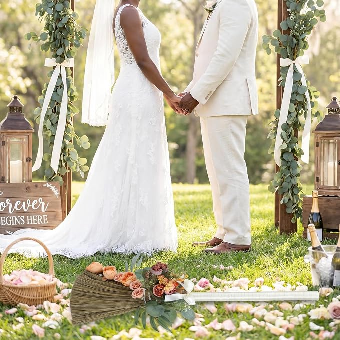 Wedding Broom for Jumping Ceremony DIY Bride Bridegroom Jump Broom Wedding Brooms with Ribbons Eucalyptus Leaves Roses for Wedding Ceremony Craft(Orange)
