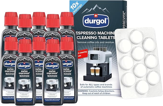 Durgol Swiss Espresso, Descaler and Decalcifier for Espresso Machines and Coffee Makers, 4.2 Fluid Ounces (Pack of 10) Espresso Machine and Coffee Maker Cleaning Tablets, 10 count