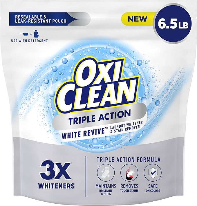 OxiClean Triple Action White Revive Laundry Whitener Powder, 6.5 lbs | Use with Detergent, Whitens and Brightens Clothes, Removes Tough Stains, Color Safe, Chlorine Free