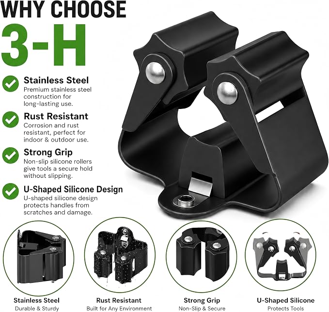 3-H Broom Holder Wall Mount 4 Pack, Heavy Duty Stainless Steel Mop and Broom Organizer Clips, Strong Grip Wall Mount Holders for Garage, Garden, Laundry Room & Utility Closet, Matte Black
