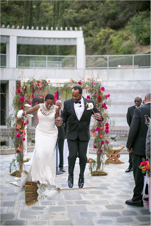 Jumping The Broom African American Wedding Broom, Vintage Elegance Lace Flower with Diamonds DIY Broomstick for Wedding Ceremony (White) (12.6”Width 28.74” Length)