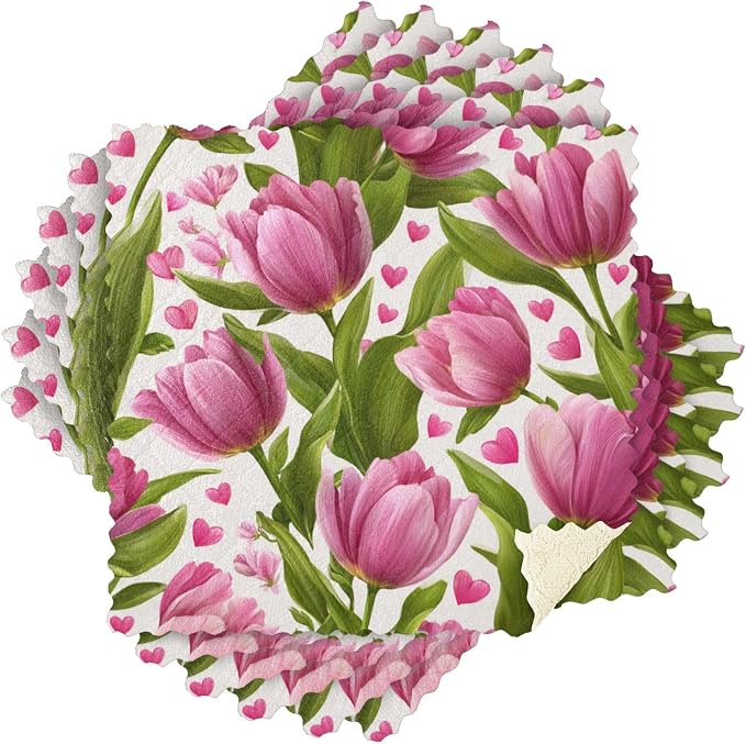 Pink Fresh Tulips and Hearts Kitchen Towels Dish Cloths Set of 6 Microfiber Cleaning Cloths for Cars Super Absorbent Machine