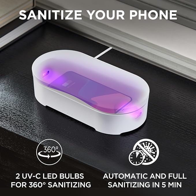Lexon UV Phone Sanitizer Machine & Wireless Charger - OBLIO Box QI Fast Charging and 360° UV-C Light Cellphone Cleaner, Glasses, Keys, Makeup Brush, Tools, All that Fits in - Black
