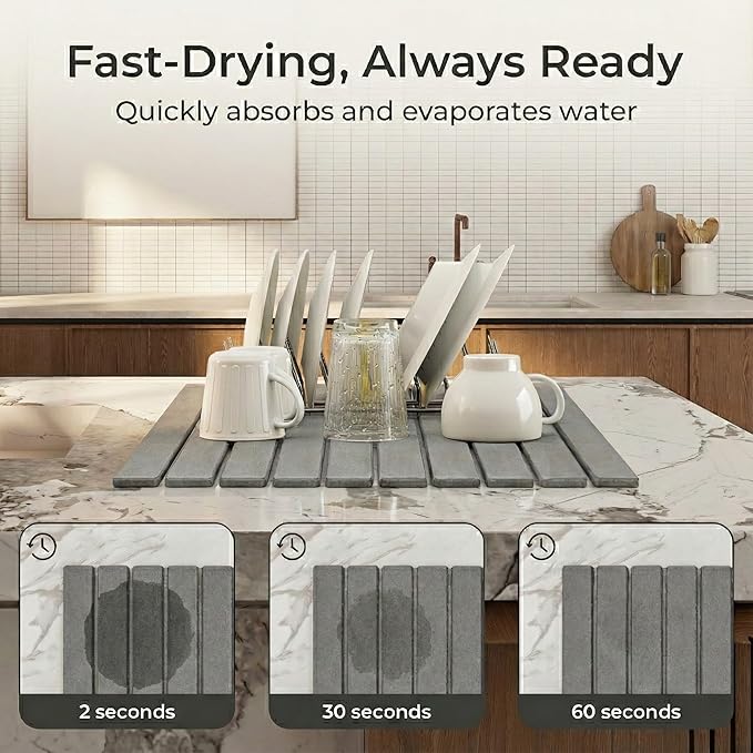 Stone Drying Mat for Kitchen Counter, Extra Large Stone Dish Drying Mat 23.6 x 15.5 in, Quick Drying Matt Kitchen Counter for Dishes, Soapstone Dish Mat, Quick Dry Gray Diatomite Sink Pad