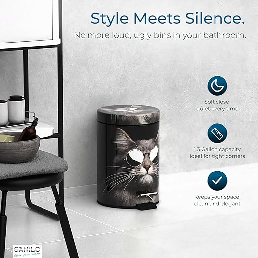 Sanilo Small Bathroom Trash Can with Lid [1.3 Gallon] - Lidded Tiny Trashcan for Garbage - Mini Metal Bin with Soft Closing Mechanism - Bath Room Accessoire Wastebin with Inner Bucket (Cool Cat)