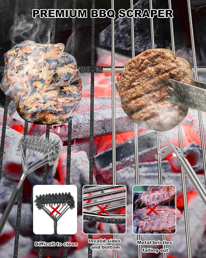 Premium Grill Cleaning Tool - 19.5 Inch Grill Grate Scraper for Outdoor Grills with Round Grates - Outdoor Scraping BBQ Tool Bristle Free, Safe and Cleaning the Top and Bottom of Grates