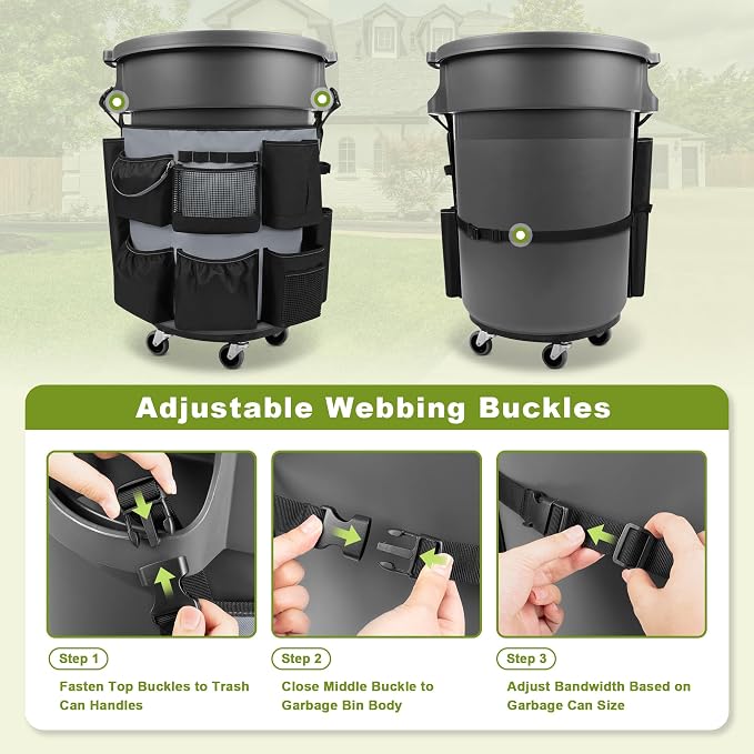HODRANT 32-55 Gallon Trash Can Caddy Bag, Garbage Bin Apron Caddy with Multiple Pockets for Cleaning Supplies, Cleaning Tool Organizer with Adjustable Buckle for Janitorial Trash Can, Black+Gray