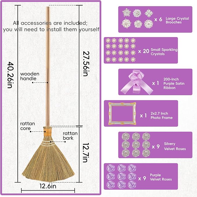 Wedding Broom for Jumping Ceremony, 40 Inch Jump the Broom Kit for African American Wedding, DIY Decoration Set with Velvet Roses, Crystals, Purple Silver