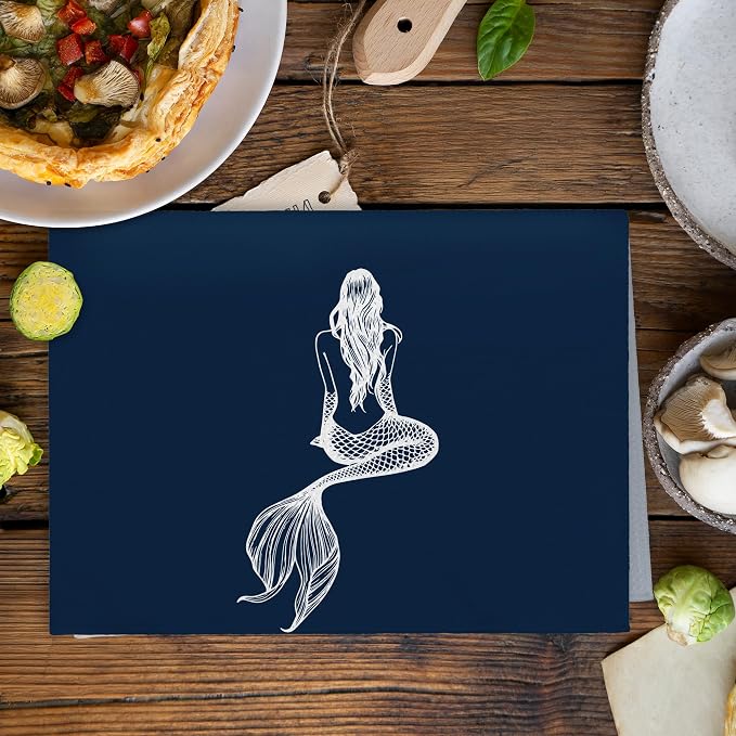 Coastal Mermaid Beach Decor Dish Hand Tea Towels for Bathroom Kitchen, Mermaid Ocean Beachy Bathroom Decor Gifts for Women, Navy Blue Nautical Kitchen Towels and Dishcloths Sets of 2, 16x24in